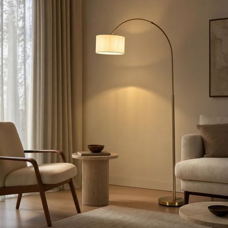 Lampadaire Lampadaire Salon Courbes Laiton mat Abat-jour tissu H 195 cm (1/5)