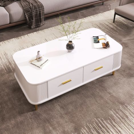Mesa de centro blanca con cajones, esquinas curvas y patas doradas, mesa auxiliar, 105x51x38 cm (1/5)