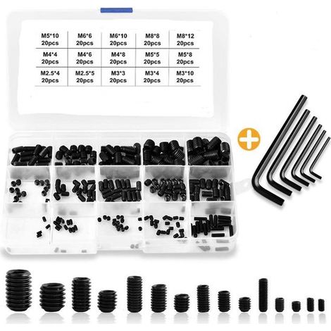 Caja surtida de tornillos: 300 tornillos de cabeza plana M2.5/M3/M4/M5/M6/M8 con llave hexagonal (negro). (1/2)