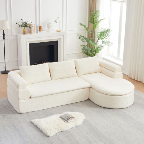 Divano angolare con chaise longue 3 posti in ciniglia, beige, forma a L, design nuvola DESVIAE (1/5)