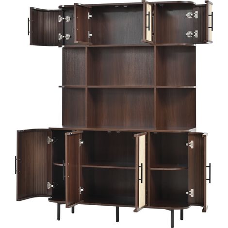Credenza alta con 8 ante in MDF effetto intrecciato, maniglie nere e piedi in ferro noce (1/5)