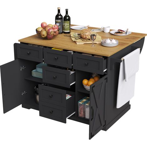 Isla de cocina multifuncional negra en MDF y metal con tablero efecto madera, 147 cm (1/5)