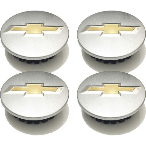 Vier 59-mm-Radnabenkappen mit 20 Klemmen, passend für Chevrolet Cruze, Malibu und Aveo, silberne Basis mit goldenem Logo. (1/4)