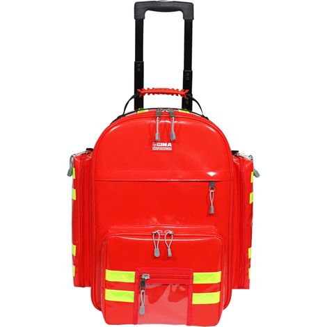 GIMA Logic 2 Zaino Emergenza, in PVC, con Trolley, 6 Borsette Colorate, 2 Tasche Frontali e 2 laterali, Colore Rosso e Doppie Strisce Gialle Rifrangenti, Cinghie per Tracolla, Misura 49 x 31 x 57 cm (1/5)