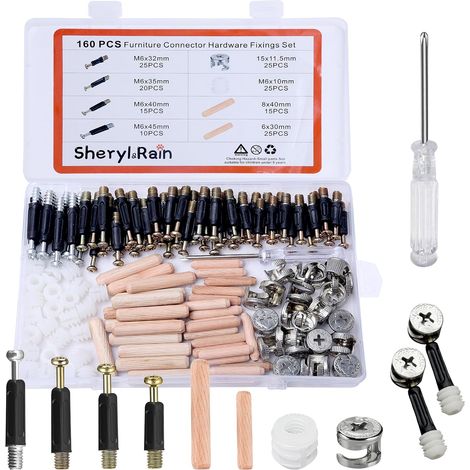 160Pcs Connecteurs de Meubles Excentriques Kit, Vis Assemblage Meuble Comprend Boulons Raccords de Came,Écrous Pré-insérés,Cheville Bois, Goujons à Visser, Ferrure d'assemblage pour Fixation Meuble (1/5)