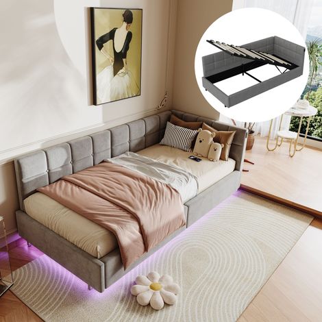BLANKETSWARM - Lit coffre simple 90x200 cm, lit simple capitonné avec sommier à lattes - Éclairage LED réglable - Ports USB intégrés, Velours, Gris (1/5)