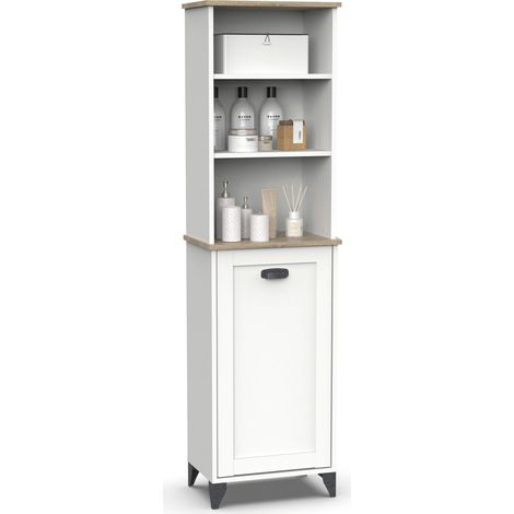 Colonne de salle de bain , meuble de rangment coloris blanc, chêne cambrian - Longueur 46,5 x Profondeur 31 x hauteur 168 cm -PEGANE- (1/5)