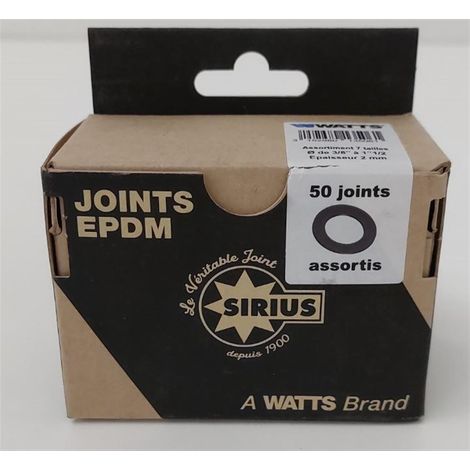 Boite assortiment 100 joints EDPM SIRIUS - Lot composé de 10x3/8" + 15x1/2" + 5x5/8" + 5x3/4" + 5x1" + 5x1"1/4 + 5x1"1/2 (1/4)