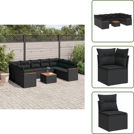 The Living Store Salon de jardin 10 pcs avec coussins noir résine tressée - Ensemble Salon De Jardin - Mobilier De Jardin - Canapé Extérieur - Table De Jardin - Chaise Lounge