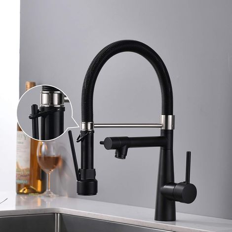 Robinet de cuisine à LED, douchette extensible avec blocage, pivotant à 360°, jet rétractable, haute pression, noir (1/5)