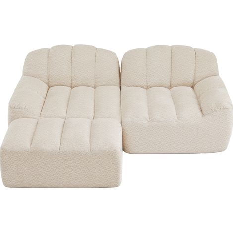Canapé d'angle modulable 2 places beige blanc en L avec pouf, assise profonde, mousse haute densité, salon, sans montage (1/5)
