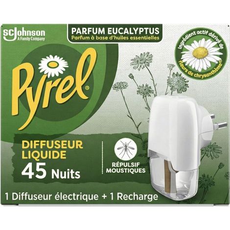 Diffuseur Électrique Liquide - 1 Appareil et 1 Recharge - Parfum Eucalyptus - Protection 45 Nuits - Contre Moustiques et Tigres - Intérieur Maison