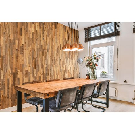Panneau Mural Bois Récupéré Amata - Texture Naturelle Brossée Teinte Brune - 72x10cm - 14 Pièces 1m² - Revêtement Mural Rustique