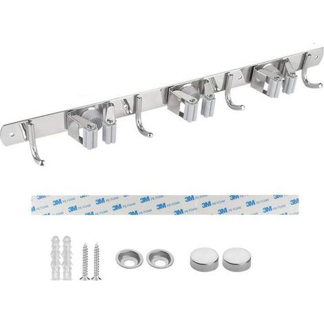 Porte Balai Mural, Acier Inoxydable, Porte Balai Adhésif avec Crochet, Armoire à Balai Multifonctionnelle pour Cuisine, Jardin, Salle de Bains, Garage, Balcon, Bureau (1/5)