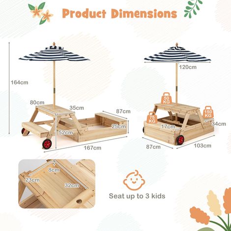 Bac à sable enfant bleu 2-en-1 en bois avec parasol pliable et table de pique-nique convertible pour jardin et terrasse (1/5)