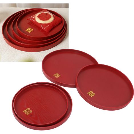 Plateau de banquet de mariage, assiette porte-bonheur, plateau à thé rouge chinois pour mariage, plateau à fruits, plateau à bonbons, plateau rond en bois (1/5)