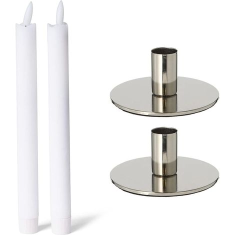 Ensemble de 2 bougeoirs coniques métal argenté 10 x 5 cm avec bougies LED sans flamme
