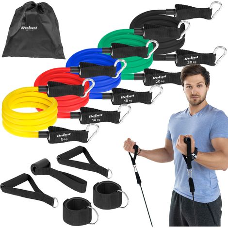 Set di elastici di resistenza per esercizi di riabilitazione, 80 kg, maniglia Rebel. (1/5)