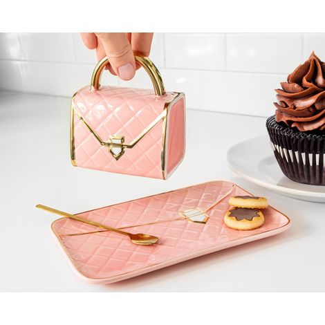 Ensemble élégant - tasse, assiette, cuillère - sac à main femme - rose