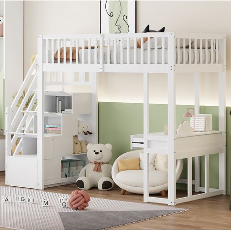 Cama alta 250x96x175 cm de madera blanca con escritorio, ahorro de espacio, sin colchón – MEUBLIV (1/5)