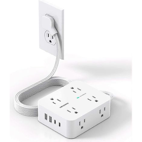Multiprise avec protection contre les surtensions, rallonge multiprise, fiche plate ultra-mince de 1,5 m, 8 prises, 4 ports USB (2 USB-C), rallonge de 1080 J (1/5)