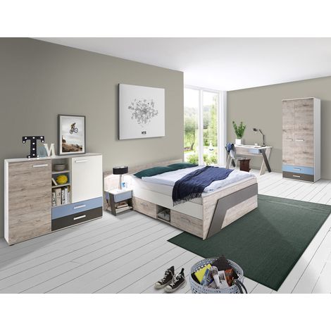 Jugendzimmer Komplett-Set mit Bett 140x200 cm mit Kleiderschrank LEEDS-10 in Sandeiche Nb. mit weiß, Lava und Denim Blau (1/5)