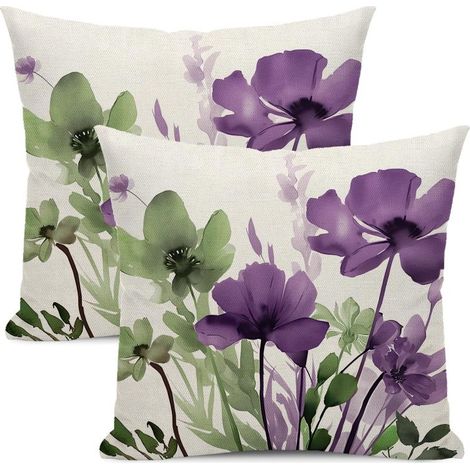 Kissenbezug 50 x 50 cm aus frühlingsgrünem Leinen mit lila Blumenmuster (2er-Set), ideal für Sofa, Schlafzimmer oder Außenbereich.
