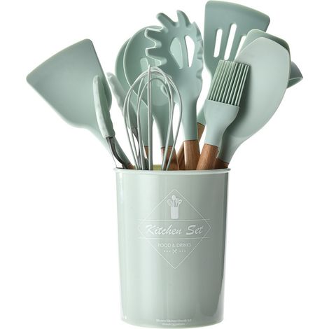 Ensemble d’ustensiles de cuisine en silicone – Vert menthe – Set 11 pièces avec seau