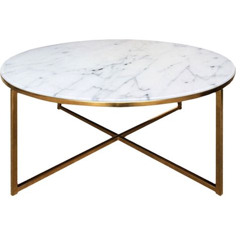 Almaz table de salon Ø 80 cm, en verre avec un imprimé marbre et un piètement en chrome doré.