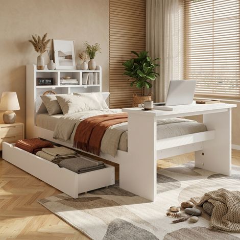 Lit enfant 90x200 - bureau rabattable réglable - tiroir réversible - tête rangement - sans matelas - blanc (1/5)
