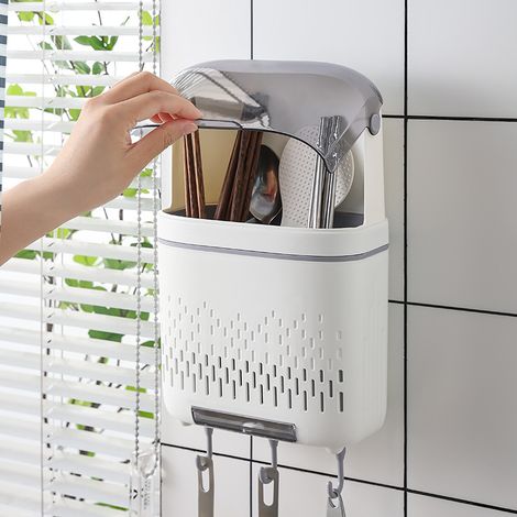 Organizzatore di posate da appendere – Porta bacchette con scomparti e scolapiatti con coperchio per la cucina (grigio e bianco)