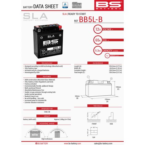 BATERÍA BS BB5L-B (FA) (YB5L-B) (12N5-3B) 12V 5AH 120X60X130 SIN MANTENIMIENTO - INUNDADA (65A) (6)