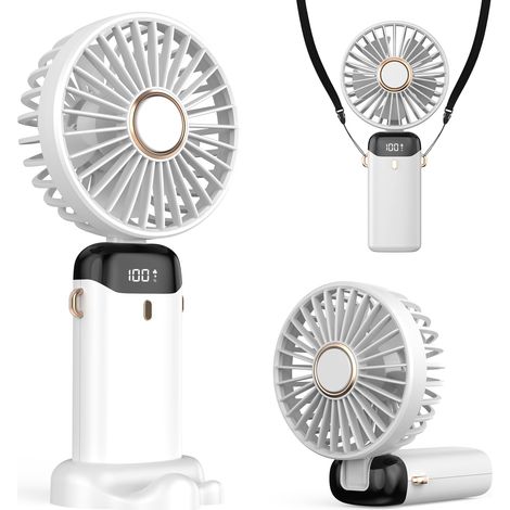 Portable 4200mAh USB Fan with LED Display 3 in 1 Hand/Neck/Table Foldable and 90° Tiltable Ideal for Summer Office Bedroom Travel Gift for Adults Kids (White) (1/5)