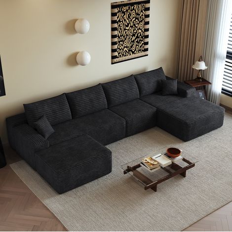Modulares Ecksofa 340 cm mit L-Recamiere, tiefer Sitzfläche, ohne Montage, Schwarz HAVRYA (1/5)