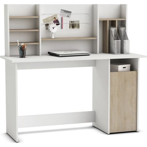 scrivania con testata di riponimento "ambre" colore bianco e quercia, 135x50x74 cm (1/2)