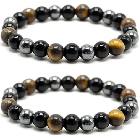 Conjunto de 2 pulseras de triple protección: ojo de tigre, hematita y obsidiana. Atraen la suerte y la prosperidad. Unisex. 16-18 cm.