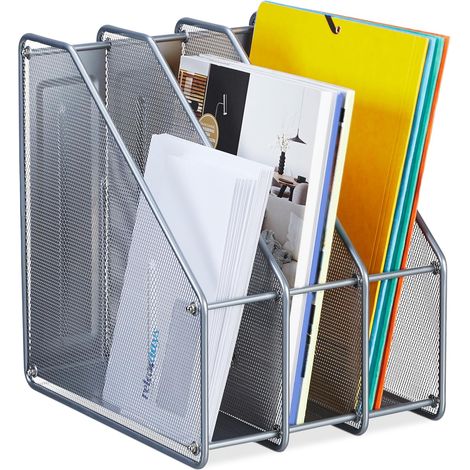 Portariviste A4, 3 scomparti, moderno, A x L x P: 31,5 x 24 x 29 cm, organizer, ufficio e casa, acciaio, argento