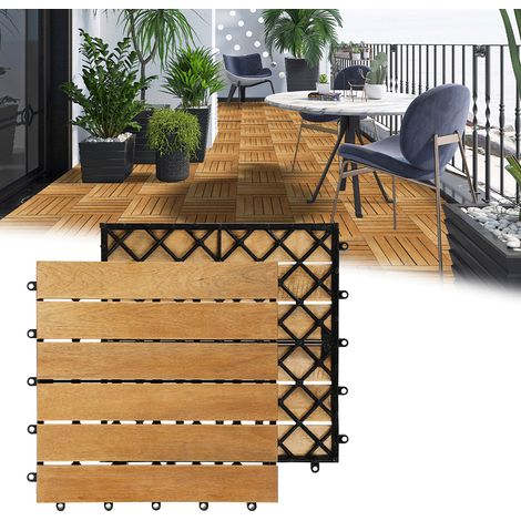 Holzfliesen aus Akazien Holz 30x30cm. 6 Latten Fliese 7m². Bodenfliesen für Terrassen und Balkon(77 Stück)