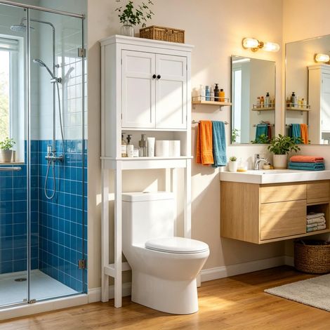 Meuble de rangement blanc pour salle de bain, meuble WC et meuble pour machine à laver avec 2 portes et étagères réglables (meuble de rangement pour salle de bain uniquement) (1/5)