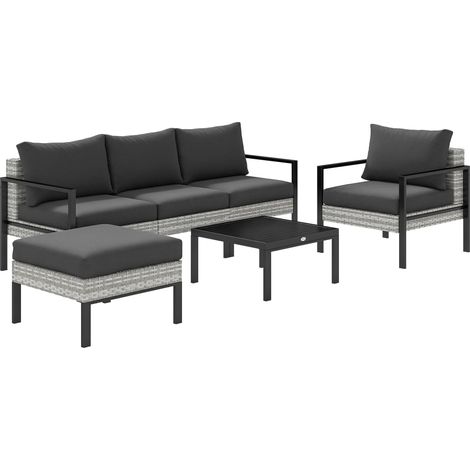 Salon de jardin extérieur 5 personnes, salon de balcon en résine tressée avec fauteuils, pouf et table basse gris clair