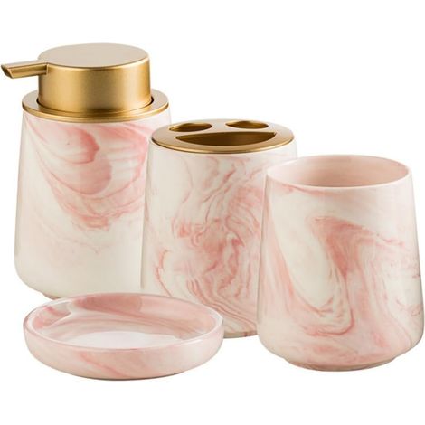 Set mit 4 rosa marmorierten Keramikaccessoires: Seifenspender, Zahnbürstenhalter, Becher, Seifenschale – Badezimmer