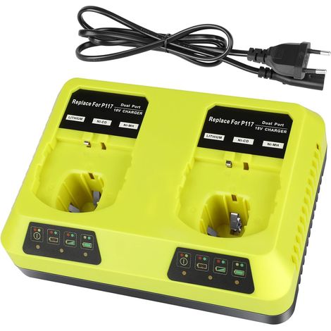 Chargeur de batterie, chargeur de remplacement à double emplacement, pour batteries lithium-ion/NiMH 18 V Ryobi P117 (1/5)