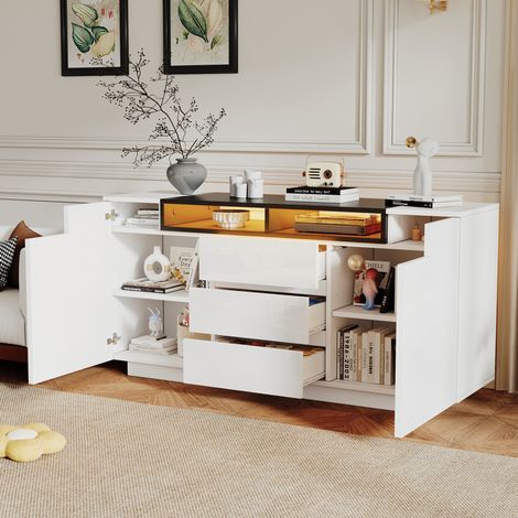 Sideboard 140x40x68 cm Weiß und Schwarz aus Spanplatte mit Hochglanzfront, LED-Beleuchtung und großzügigem Stauraum (1/5)