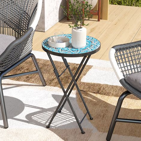 Tavolino da giardino rotondo pieghevole con piano a mosaico e piedini antiscivolo Ø35,5x55 cm Blu