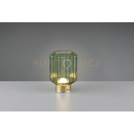 LORD LAMPADA DA TAVOLO RICARICABILE METALLO OTTONE SATINATO E VETRO RIGATO VERDE REGOLAZIONE INTESITA' TOUCH H.19,5CM LED 1,5W 100lm, 3000K
