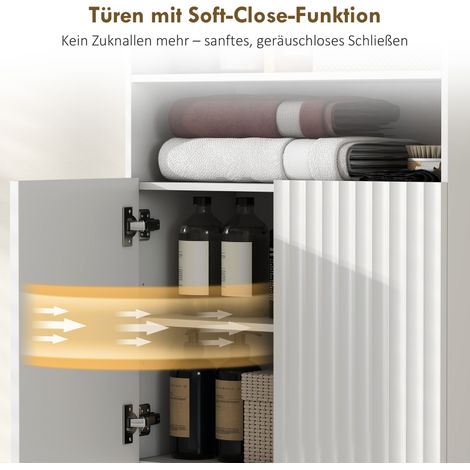 Meuble de salle de bain avec rangement, armoire blanche en MDF à portes amorties, 2 étagères ouvertes, commode pour séjour et chambre (1/5)
