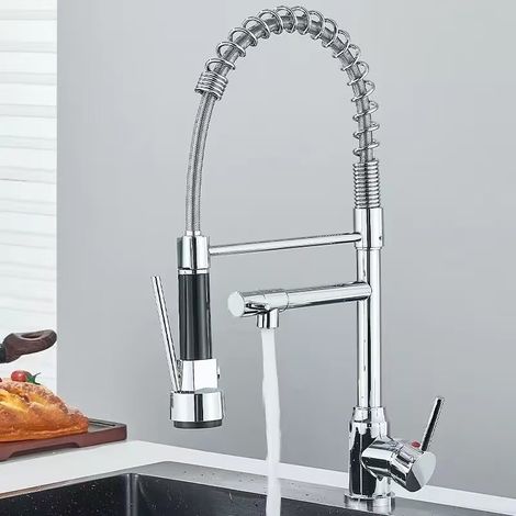 Cross-border spring faucet for kitchen sinks, dishwashing basins, and vegetable washing basins rotatable dual-outlet universal anti-splash faucet - electroplated steel body [dual function]