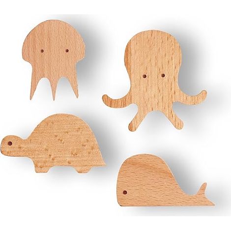 Ganci decorativi da parete in legno a forma di animale acquatico marino naturale, per bambini, set da 4 (1/5)