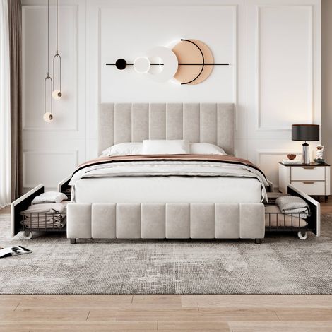 4ft6 Double Upholstered Bed with 4 Drawers, Velvet Platform Bed Frame, Metal-Wood Support, 135x190cm, Beige (No Mattress) (1/5)