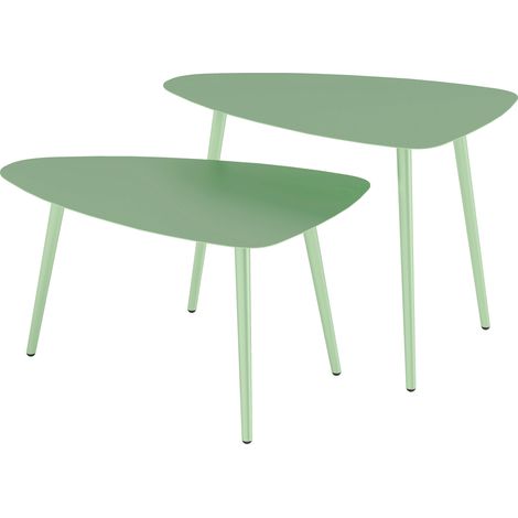 Lot de 2 tables basses gigognes triangulaires acier vert clair patins réglables